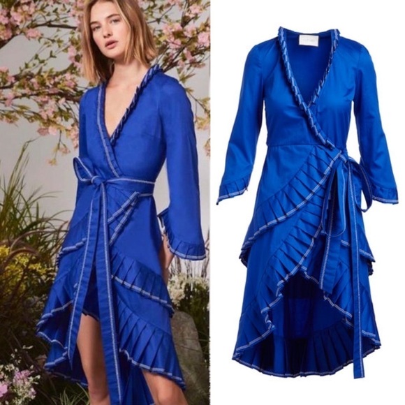 Alexis Hallie Wrap-Front Stretch Pleating Mykonos Blue Midi Dress XS